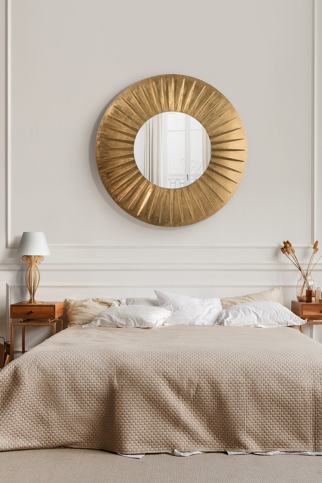 Grand miroir mural rond Sirio finition feuille d'or