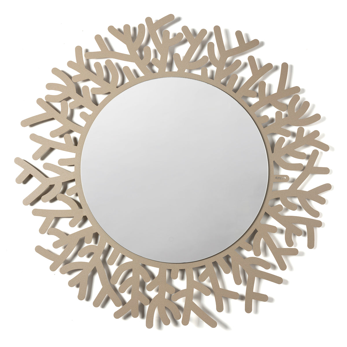 Vista frontale dello specchio circolare Coral a forma di corallo di colore beige di Arti&Mestieri.