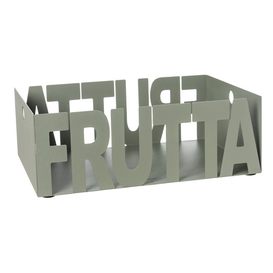 Fruttiera Letter in ferro color giada con scritta Fruttiera, vista tre quarti