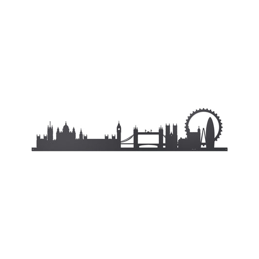 Vista frontale della silhouette in ferro raffigurante la città di Londra, Skyline London di 60 cm di larghezza. Arti&Mestieri.