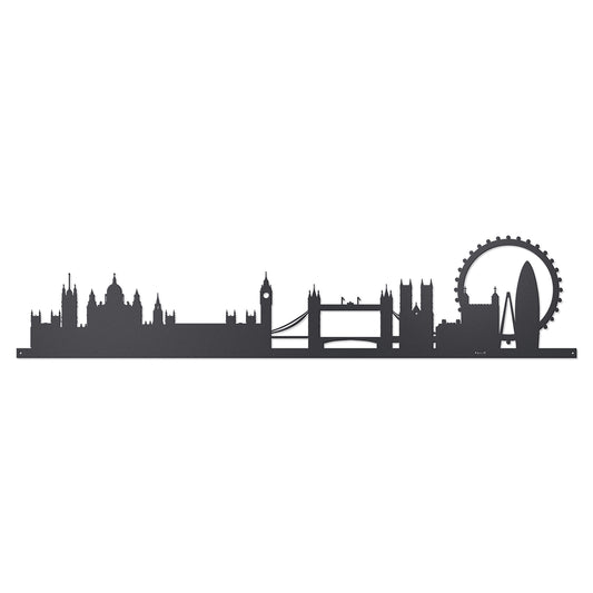 Vista frontale della grande silhouette in ferro raffigurante la città di Londra, Skyline London di 100 cm di larghezza. Arti&Mestieri.