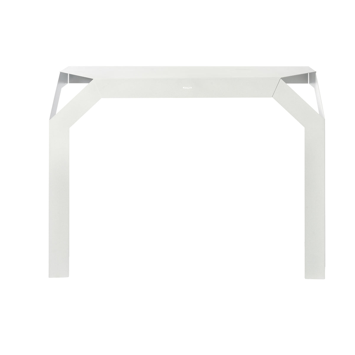 Vistale frontale della consolle per l'ingresso Uncorner di Arti&Mestieri. Due gambe, da fissare al muro. Colore bianco marmo.