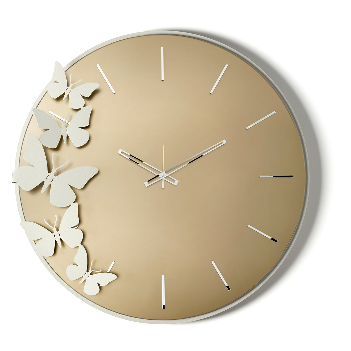 Vista frontale dell'orologio specchiato di design Diana di Arti&Mestieri, realizzato in vetro satinato Velour Luxe bronzo, base avorio.