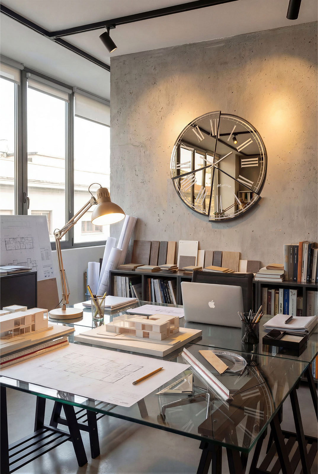 Ambientazione in uno studio di architettura dello orologio specchio Kintsugi di Arti&Mestieri.