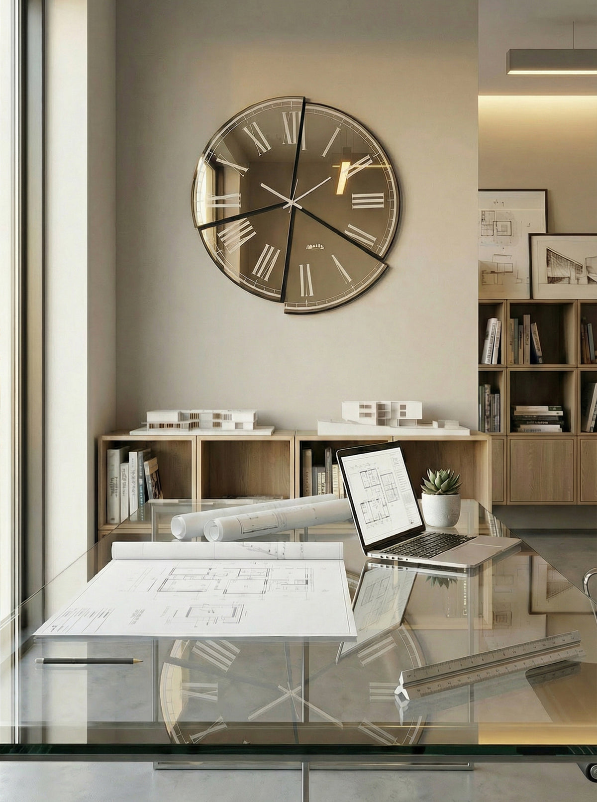 Ambientazione Orologio Kintsugi vetro Crystal Luxe bronzo dietro scrivania di un architetto.