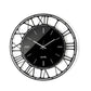 Vista frontale dell'orologio Axis 70 con numeri romani e quadrante in vetro specchio Crystal® nero serigrafato. Base in ferro color nero. Diametro 70 cm. Prodotto da Arti&Mestieri.