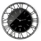 Vista frontale dell'orologio Axis 90 con numeri romani e quadrante in vetro specchio Crystal® nero serigrafato in bianco. Base in ferro color nero. Diametro 90 cm. Prodotto da Arti&Mestieri.
