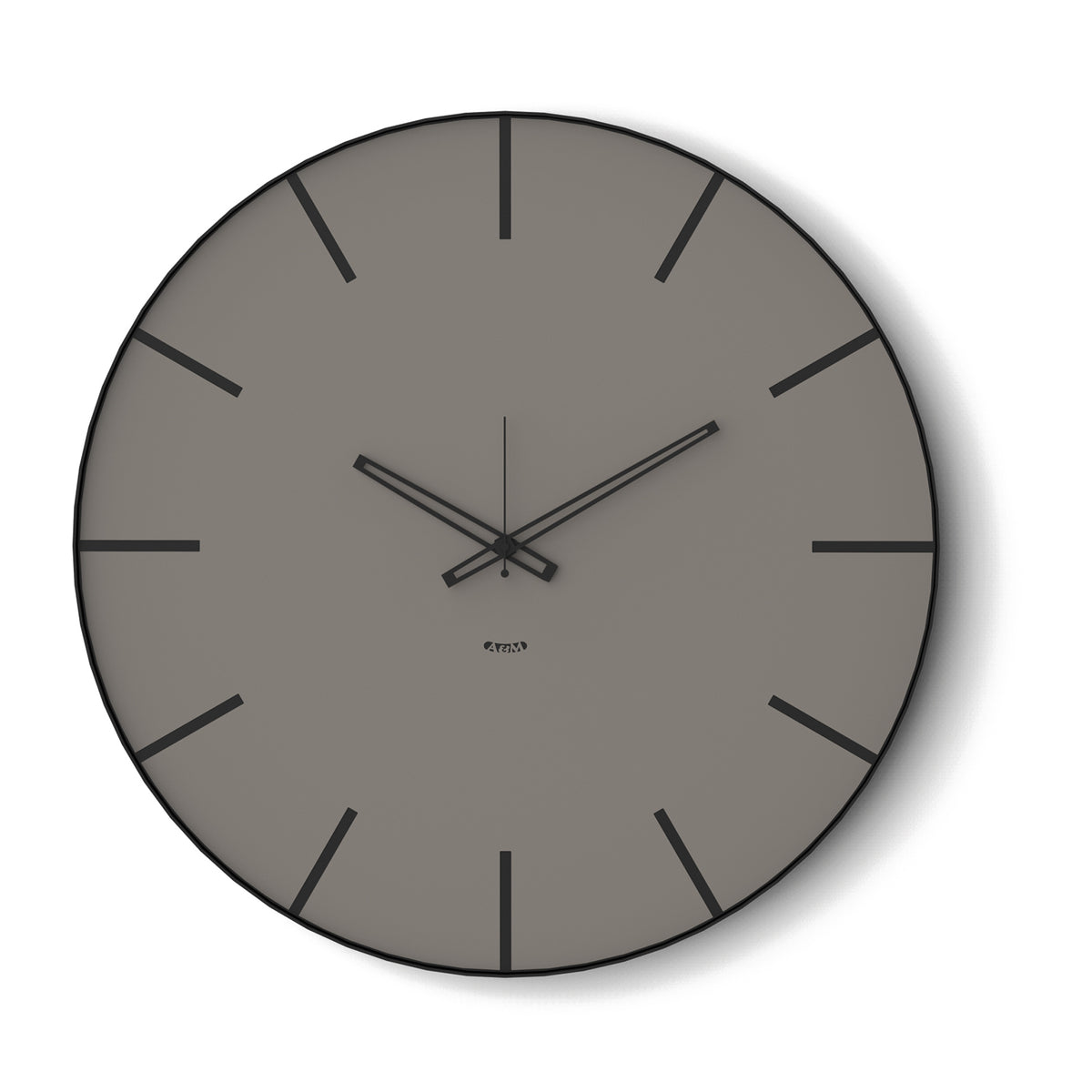 Vista frontale dell'orologio Symbol di Arti&Mestieri, 60 cm di diametro, combinazione colore nero/fango.