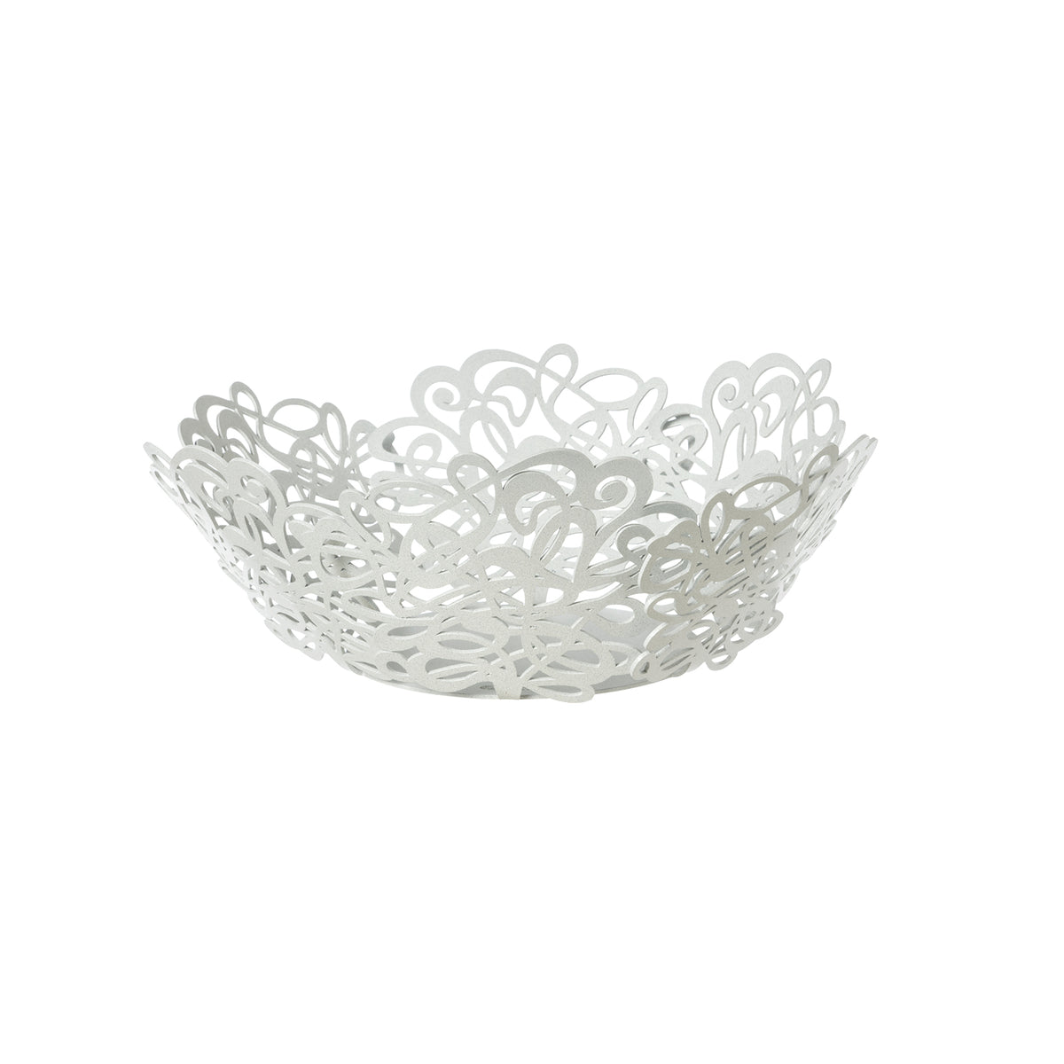 Fruttiera Scarabocchio Piccola di Art&Mestieri in ferro color bianco marmo, vista tre quarti