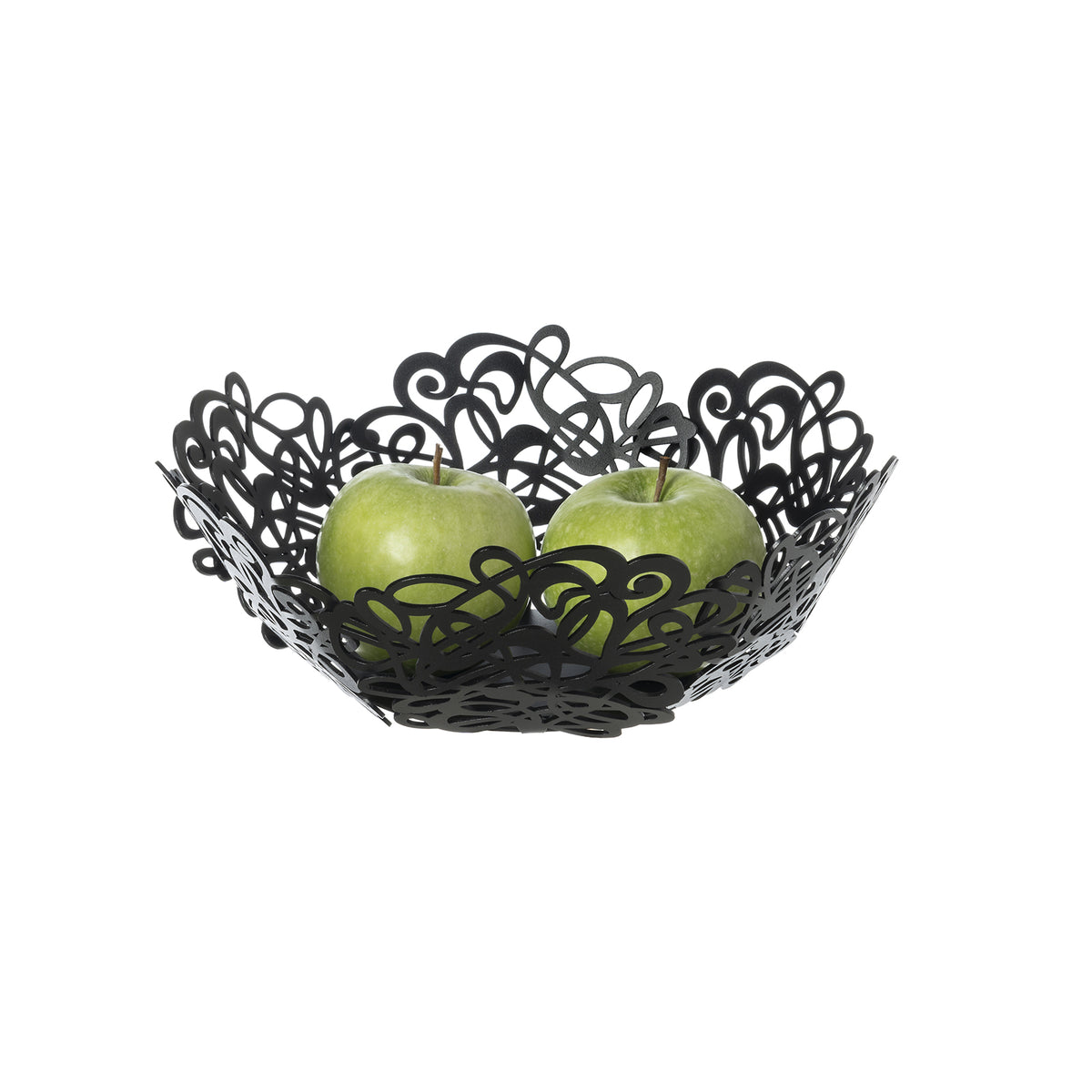 Fruttiera Scarabocchio Piccola di Art&Mestieri in ferro color nero con frutta, vista tre quarti
