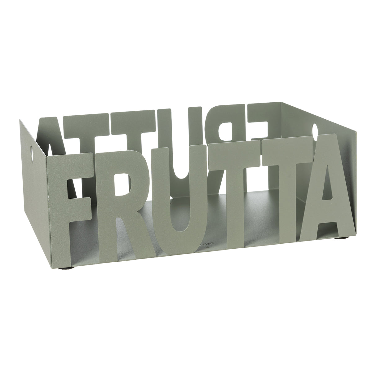 Fruttiera Letter in ferro color giada con scritta Fruttiera, vista tre quarti