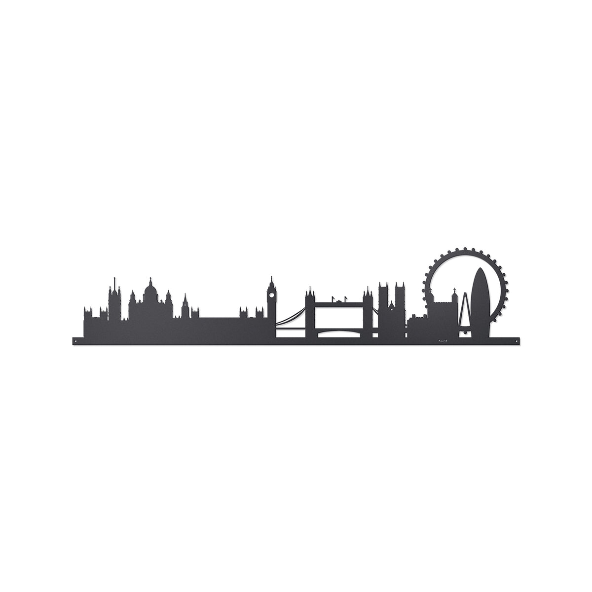 Vista frontale della silhouette in ferro raffigurante la città di Londra, Skyline London di 60 cm di larghezza. Arti&Mestieri.