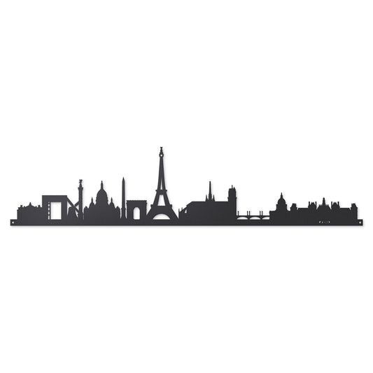 Vista frontale della grande silhouette in ferro raffigurante la città di Parigi, Skyline Paris di 100 cm di larghezza. Arti&Mestieri.