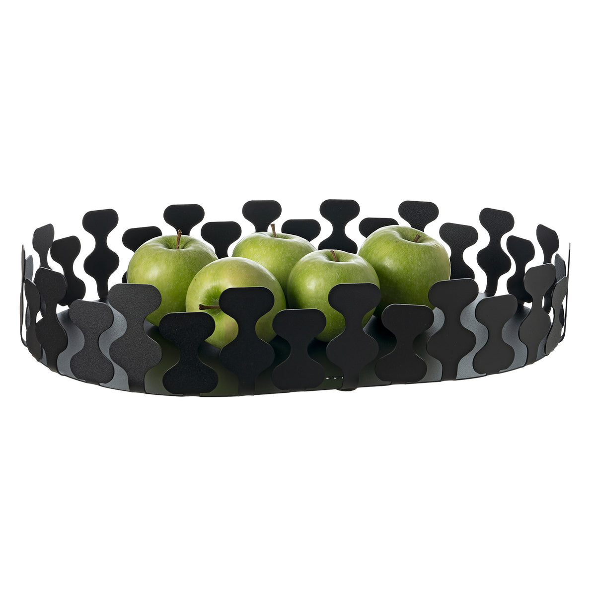 Vassoio ovale Nori di Art&Mestieri in ferro color nero con frutta, vista tre quarti