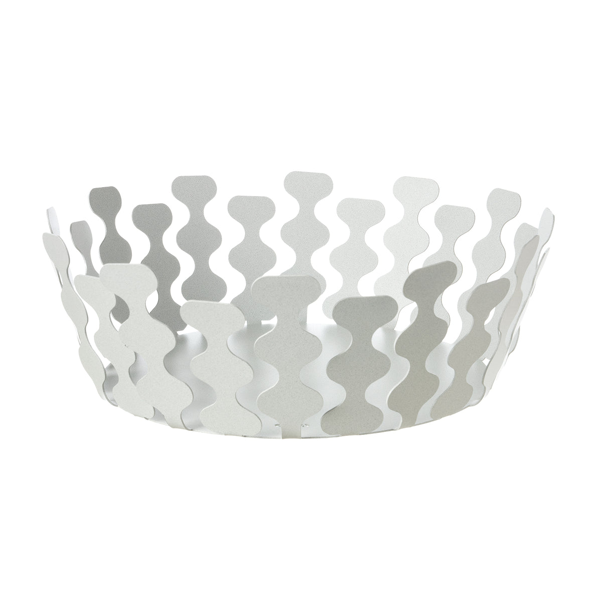 Fruttiera Nori Grande di Art&Mestieri in ferro color bianco marmo vuota, vista tre quarti