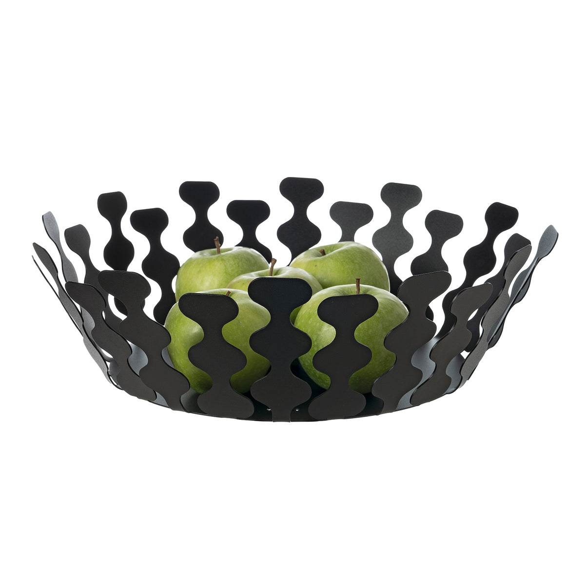 Fruttiera Nori Grande di Art&Mestieri in ferro color nero con frutta, vista tre quarti