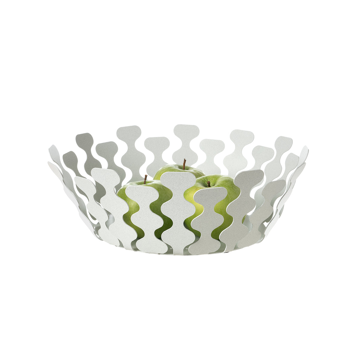 Fruttiera Nori Piccola di Art&Mestieri in ferro color bianco marmo con frutta, vista tre quarti