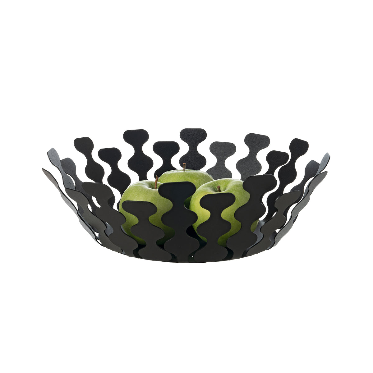 Fruttiera Nori Piccola di Art&Mestieri in ferro color nero con frutta, vista tre quarti