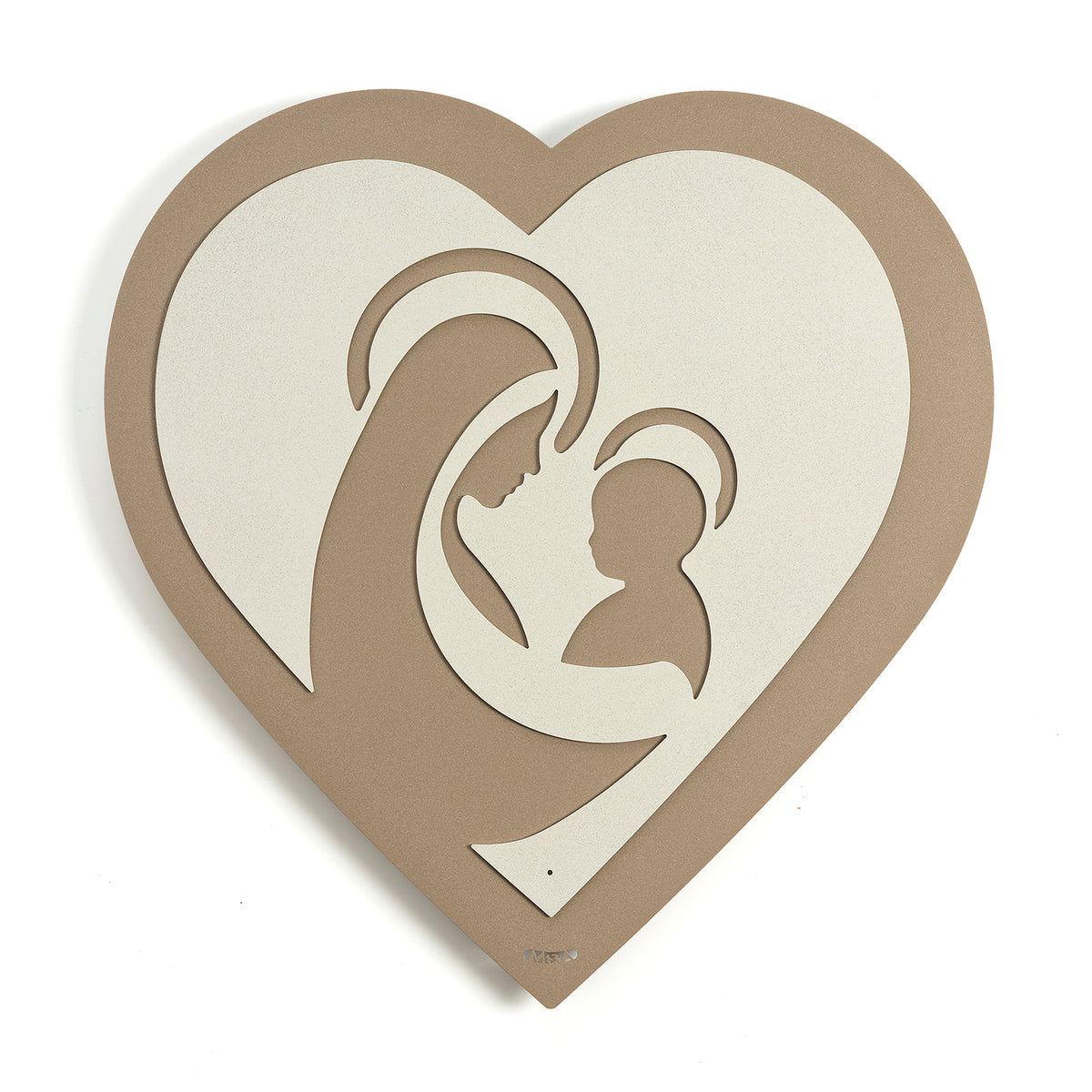 Vista frontale dell'icona religiosa Cuore, Madonna con Bambino, color beige -avorio