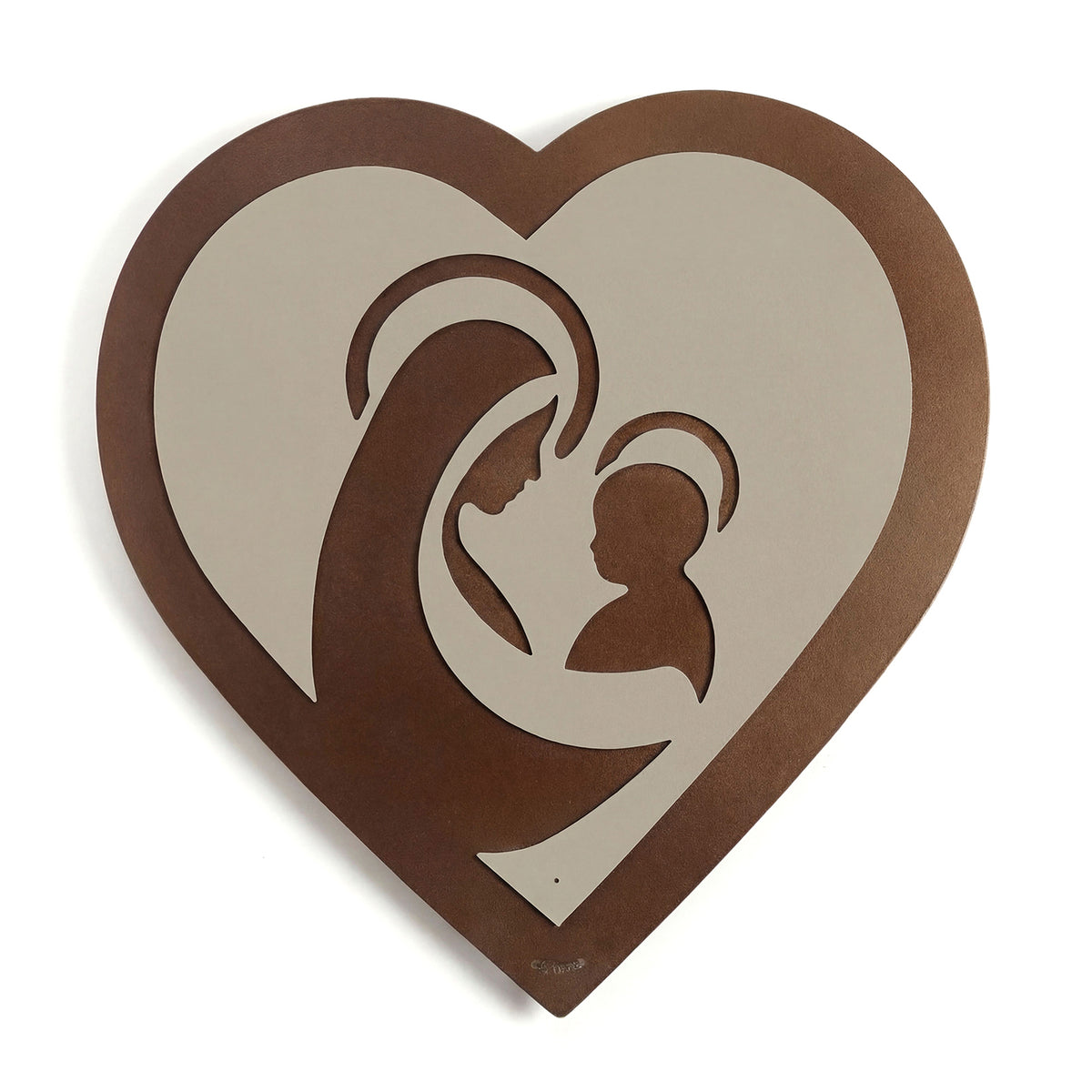 Vista frontale dell'icona religiosa Cuore, Madonna con Bambino, color bronzo -sabbia